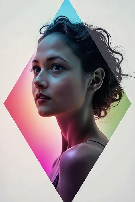 a colorful gradients type diamond, a monochrome photo of beautiful woman looking away from viewer, 2 photos overlay each other, well blended 2 photos, high contrast, professional photography