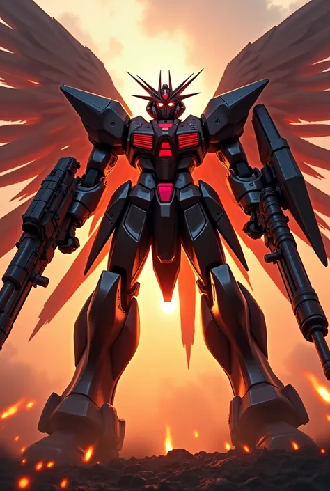 robot gundam have cool wings, black and red body, with fire elements and holding weapons and shields , point of view from head 