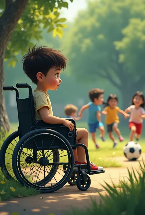 One boy can&#39;t walk and sits in a wheelchair and watches children playing football. He is offended and cries. 