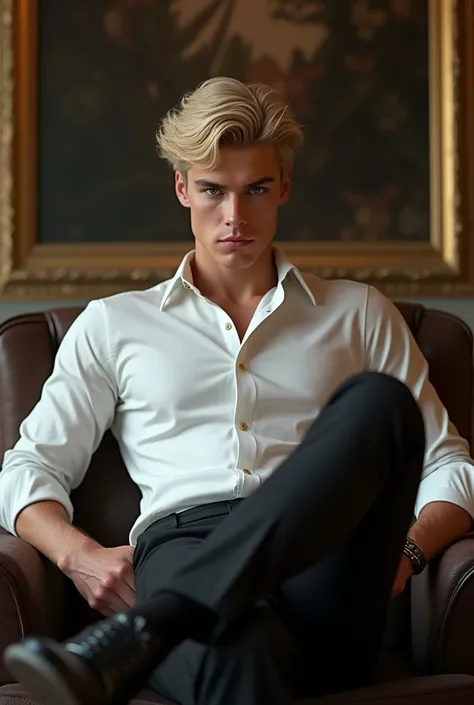 Beautiful young blond man about 2, with blonde hair, white shirt and black pants, sitting in an elegant room with an arrogant posture, with feet on a table 