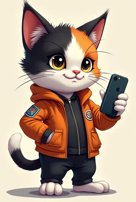 A cute cat with a bad attitude, holding a phone, dressed in a cute uniform, with a tricolor body and logo.