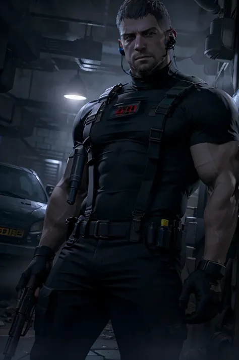 dark gothic village in the background, old chris redfield from resident evil 8, 48, old, muscular male, tall and hunk, biceps, a...