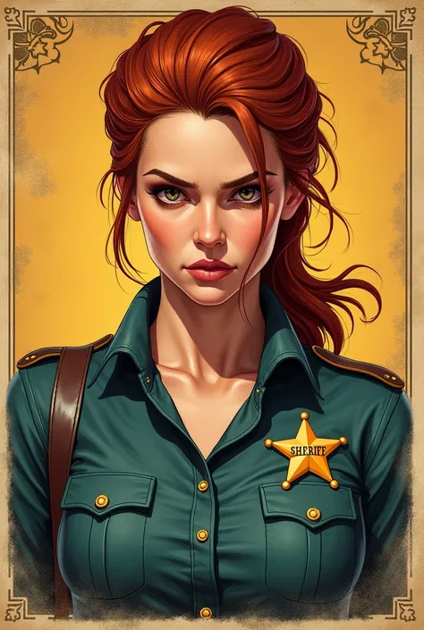 Cigarette card of female sheriff from Red Dead Redemption 2, untied red slicked back hair, detailed portrait, visible sheriff star, vintage illustration, high-res, intricate drawing, aged paper texture, vibrant colors, dramatic lighting