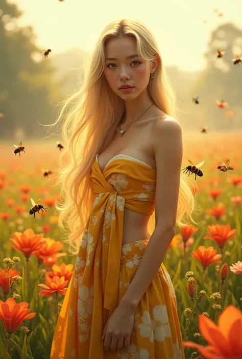 Young blonde haired Japanese woman with big breasts in a field.flowers surrounded by flying bees