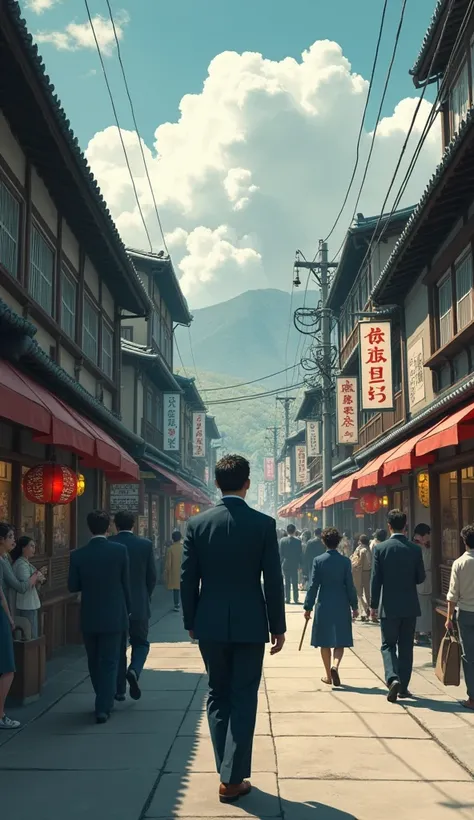 A busy street in 1945 Hiroshima with traditional Japanese buildings and people going about their day. In the foreground, a man in a business suit walks, looking up at the sky. The atmosphere is tense, hinting at the impending catastrophe.