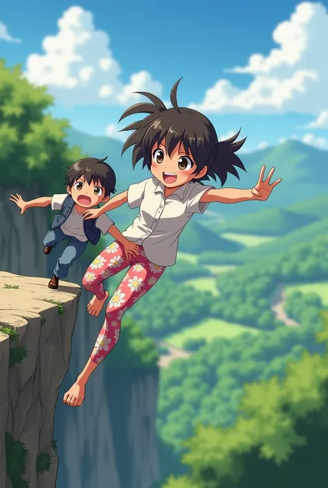 Anime teenage girl in Floral Leggings and  Short sleeve button up shirt laughing after shoving a teenage boy in jeans and a jacket off a cliff