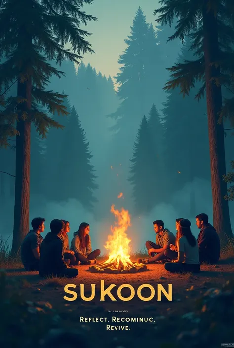 I need a poster like this 

*Title Section*

- Program name: Sukoon
- Tagline: Reflect. Reconnect. Revive.

*Visuals*
Forest camp fire all the people sitting around the fire 

*Details Section*

- Date: September 20 to 21
- Venue: Meppadi
- Contact/Registr...