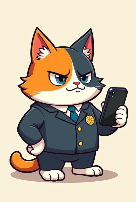 A cute cat with a bad attitude, holding a phone, dressed in a cute uniform, with a tricolor body and logo vector.