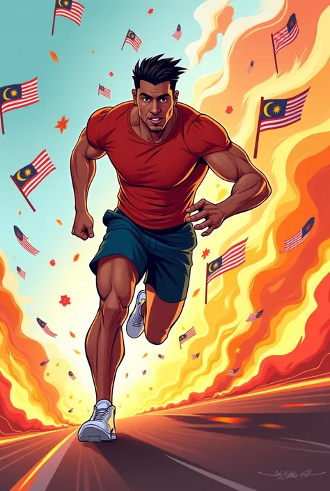 A vector or cartoon man is running fast seen from the side with his body in a clipping mask with effects abstracts scattered malaysian flags and colorful flames 
