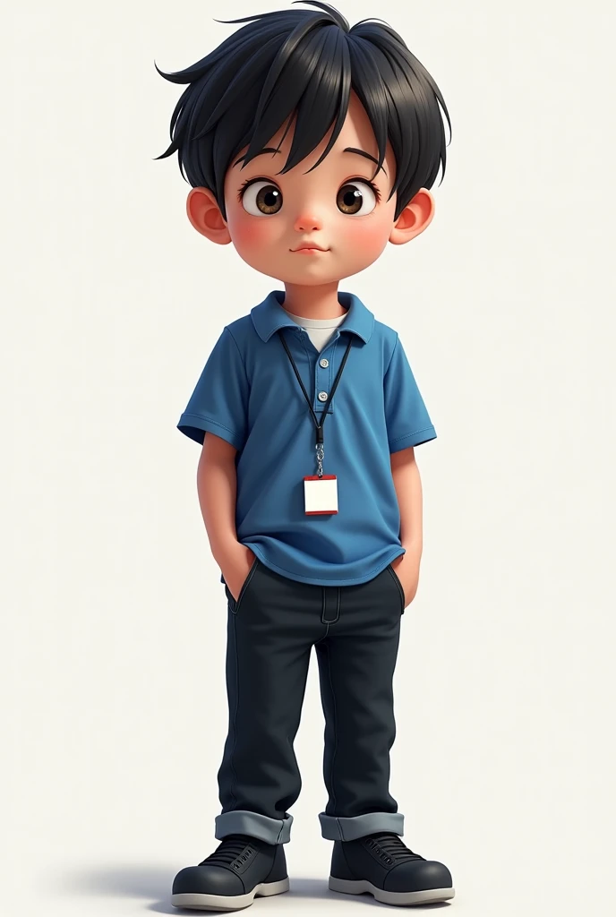 A REAL BOY WITH BLACK PANTS , BLUE SHIRT SHORT SLEEVE , LANYARD AND BLACK SHOES