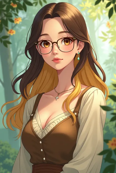 A studio ghibli character, with brown eyes and hair length below shoulders, brown hair at the top and blond hair down, she wears a rose quartz necklace and earrings with crosses. She also wears glasses with a white delicate frame. Her clothes palate is mos...