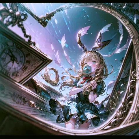 (Official Art、Highest quality、Unity 8k wallpaper、32K、masterpiece、Ultra-detailed、Ultra-high resolution)、Fantastic、((Alice in Wonderland))、Blonde、Tie your hair with a ribbon、Blue colored eyes、Blue Apron Dress、White socks、Trump、usagi、Pocket watch、Rabbit in a ...