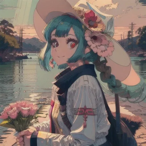 a girl with flowers in demon slayer anime style