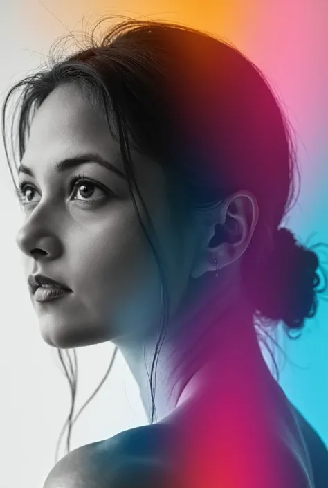 a colorful gradients type Reflected, a monochrome photo of beautiful woman looking away from viewer, 2 photos overlay each other, well blended 2 photos, high contrast, professional photography