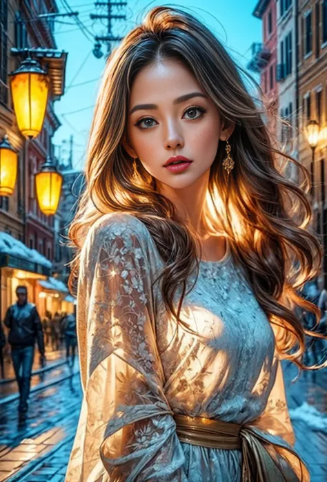 a girl with fiery red curly long hair, extremely thick hair, very pale skin covered in freckles, high cheekbones, red cheeks, bright green eyes, light red eyebrows and eyelashes, wearing a soft beige coat, snow falling, snow on her hair, night, dark all ar...