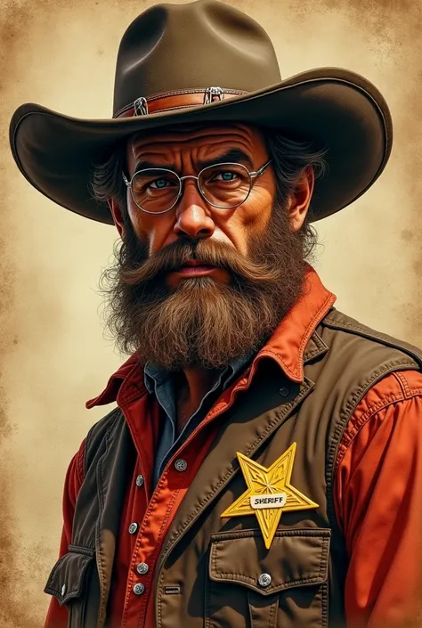 Cigarette card of sheriff from Red Dead Redemption 2, big brown beard, wear glasses, detailed portrait, visible sheriff star, vintage illustration, high-res, intricate drawing, aged paper texture, vibrant colors, dramatic lighting