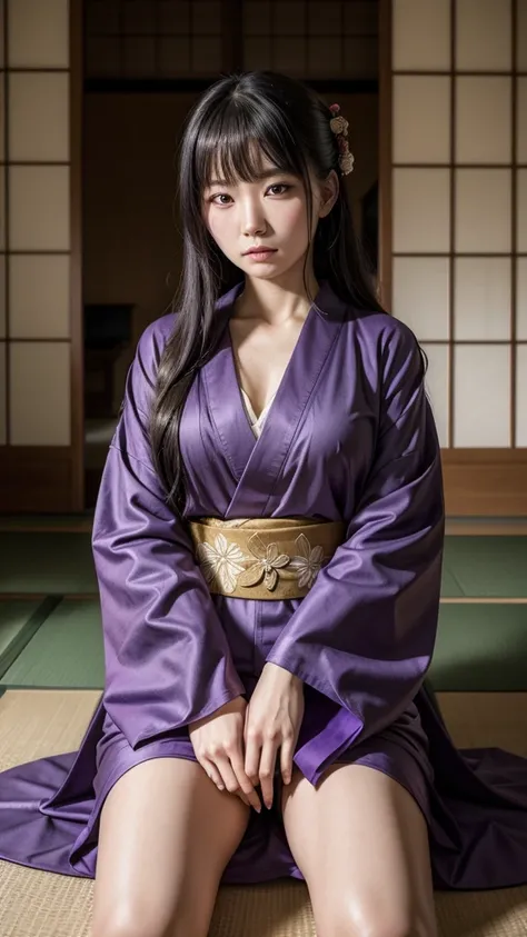 Murasaki Shikibu sitting gracefully in a fully-covered purple kimono, facing to the left with a strong, determined expression. Her kimono is modest and does not reveal any part of her body, with intricate patterns adorning the fabric. Her face reflects inn...