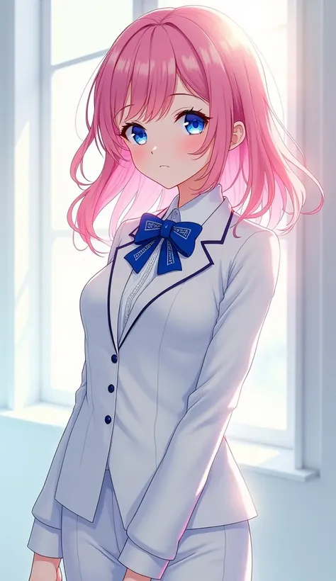 A beautiful anime girl with pink hair, and  blue eyes, white suit and blue bowties 