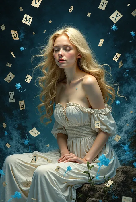 beautiful girl sitting with thick blonde hair, dreaming of a fantasy world, night atmosphere, made up of typography elements, typefaces, letters, create me a beautiful woman, made of typographic characters, in a fairy-tale atmospherenumbers, old paper fly,...