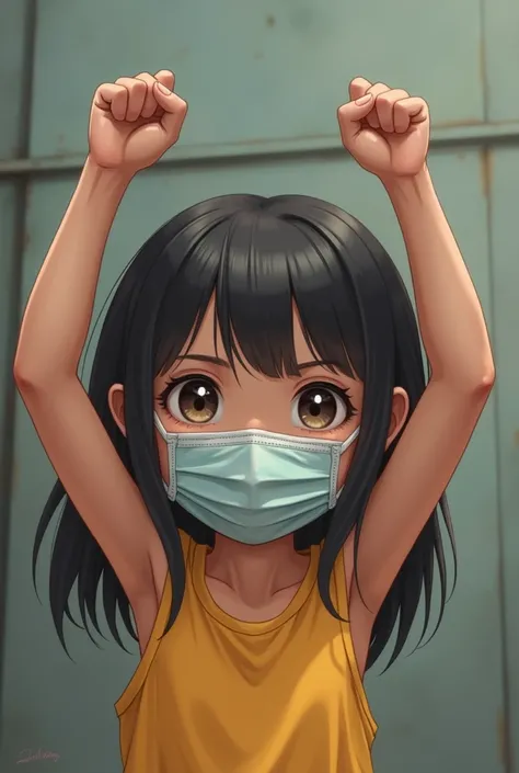 A girl kid wearing sleeveless raising her hands with mask covering her whole face