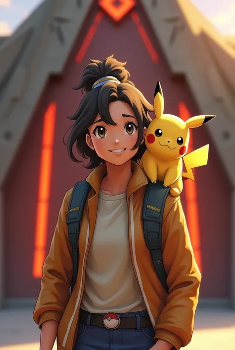 Make me a young and realistic woman. She is a Pokemon trainer and standing in front of a gym to get her first Badge. There is a Pikachu on her Shoulder and she is smiling at the camera. The gym is a fire-type gym