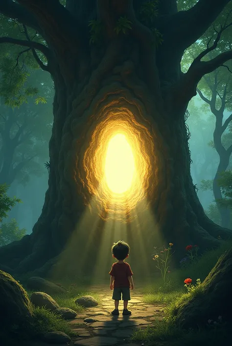  The boy went near the hole and rays of light came out of the hole in the tree trunk 