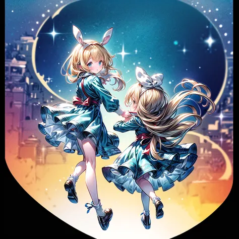 Perfect Anatomy、(Official Art、Highest quality、Unity 8k wallpaper、32K、masterpiece、Ultra-detailed、Ultra-high resolution)、Fantastic、((Alice in Wonderland))、Blonde、Tie your hair with a ribbon、Blue colored eyes、Blue Apron Dress、White socks、Trump、usagi、Pocket wa...