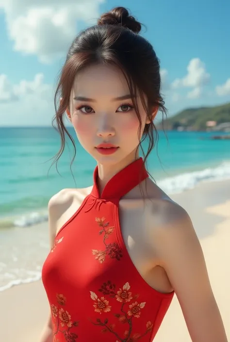 (Best Quality, Masterpiece:1.4), (Realism:1.2), (Realisitc:1.2), (Absurdres:1.2), (photorealistic:1.3), 1girl,Realistic Skin,Solo,( Very Big Eyes,beautiful detailed eyes, symmetric eyes), chinese clothes,   china dress,  Red dress sea, beach, sexy