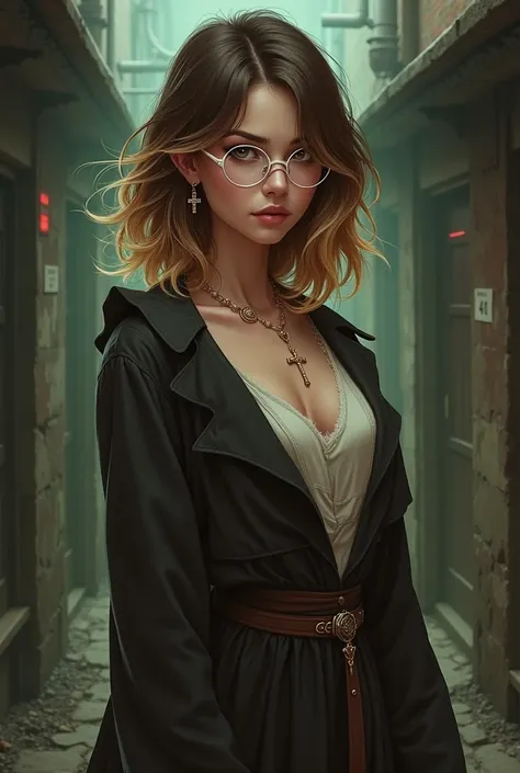 An Arcane character from the undercity with brown eyes and hair length below shoulders, brown hair at the top and blond hair down, she wears a rose quartz necklace and earrings with crosses. She also wears glasses with a white delicate frame. Her clothes p...