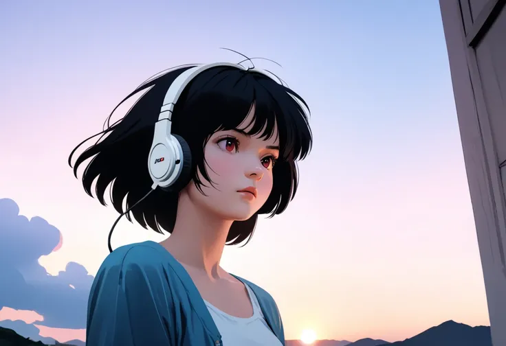 ((Best Quality)),(masterpiece)),(detailed),(Realistic),80s Anime、Wide angle shooting、Long-distance shot、Wide-angle shooting、Ghibli style、Lo-fi art style,Cinematic Lighting,Tokyo Sunset Girl、The girl is wearing headphones and has her eyes closed、Beautiful b...