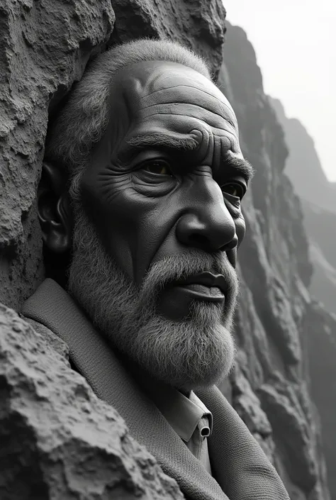 (photorealism:1.2 b&w) African American Grandfather craved into side of a mountain 