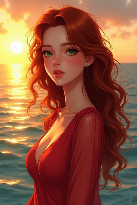 Make a manhua style image of a woman with long curly red hair, green eyes, seductive look, wearing a slightly transparent red sweater, is admiring the sunrise in front of the sea waters