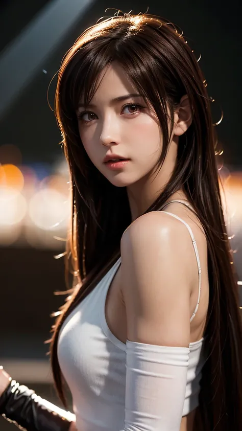 Tifa Lockhart, wallpaper, landscape, depth of field, night, light particles, light rays, side lighting, red eyes, long brown hair, arm sleeves, bold pose, shot from different angles, close-up of upper body