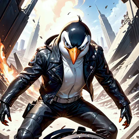 Closeup, Ultra-high-definition digital illustration of an extremely badass anthropomorphic penguin wearing an insanely cool black leather Harley Davidson biker jacket open, black leather biker gloves, black leather biker pants. tailored in Alex Rosss chara...