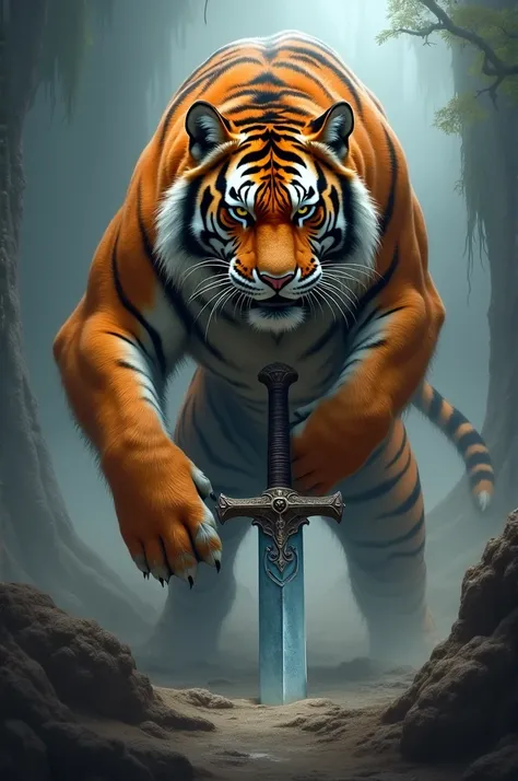 orange tiger with sword in hand