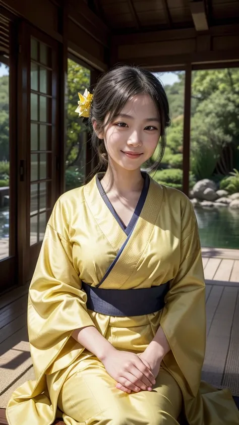 Sei Shonagon smiling softly after finishing her work. She is dressed in a beautiful yellow kimono, with her face reflecting American preferences—large almond eyes, soft smile, and slightly defined cheekbones. She is sitting in a serene room, and the backgr...