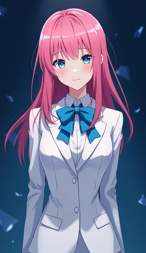 A beautiful anime girl with pink hair, and  blue eyes, white suit and blue bowties, i need dark blue background, let pattern be at the background 