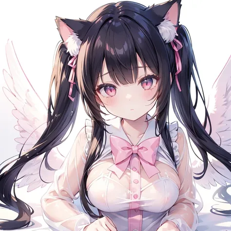 One girl, ribbon, Simple Background, Cat ears, Twin tails, Illustration, Black Hair, Curly Hair, Hime cut, pink＆White clothes,pink目,Angel Wings,Sailor suit,Large Breasts, Naughty,Sexy,See-through,sexy