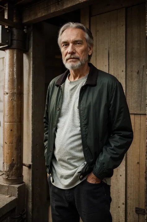 A old man around 60 years old, with short withe hair, green eyes, and a light beard. He is of average height and has a friendly expression. Clothing: He is wearing a simple black jacket He is standing 