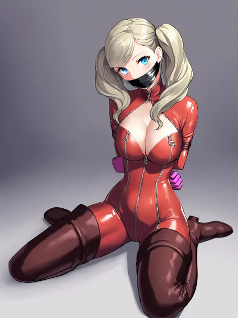 dspanther, blonde hair, long hair, twintails, swept bangs, blue eyes, red bodysuit, thigh boots, pink gloves, zipper, cleavage, clothing cutout, fake tail, 1girl, solo, bound, bondage, (arms behind back:1.4), bdsm, tape gag, tape, tape bondage, wand on pus...