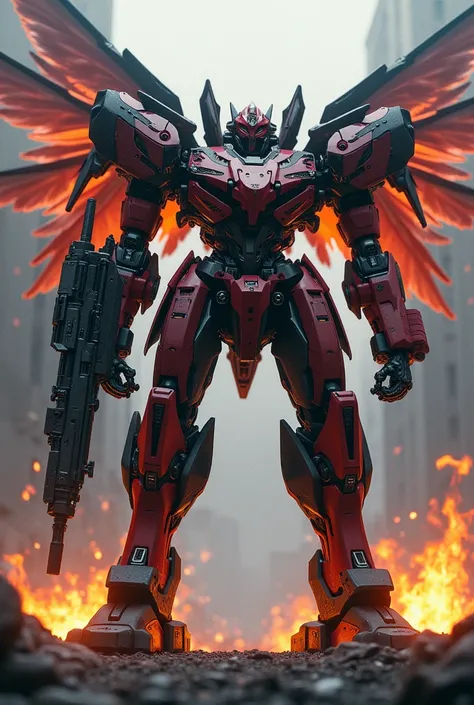 robot gundam have cool wings, black and red body, with fire elements and holding weapons and shields, show image only from head to the stomach, 
