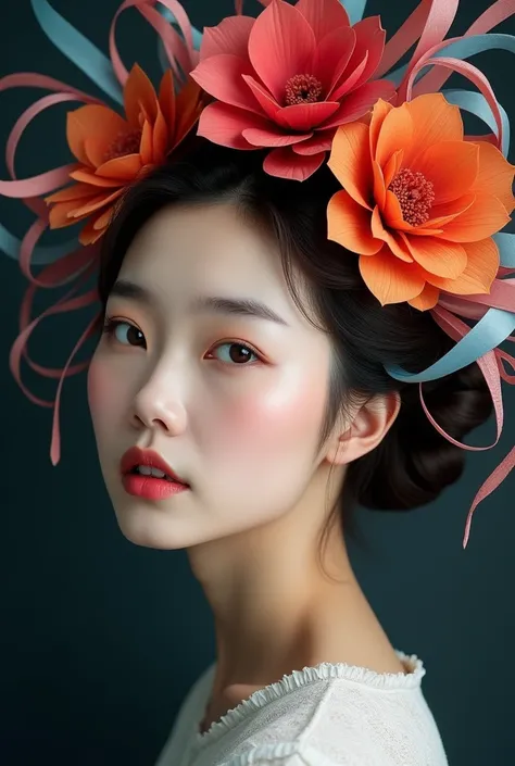 Generate a hyper-realistic portrait of a beautiful Japanese woman with an artistic, abstract headpiece. The headpiece should feature large, vibrant flowers and swirling ribbons in red, orange, blue, and pink, against a dark background. The woman should hav...