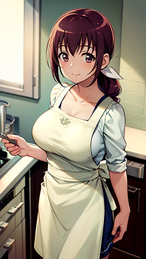 starry sky nurture, hair tied back, large breasts, kitchen, apron, cooking, smiling, looking happy