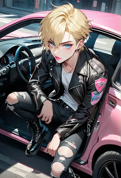 Male, with blond hair, with short hair, with light blue eyee, he is wearing a leather jacket, with a car, with black ripped jeans, with combat boots, with thigh highs, he is flat chested like a man, he has pretty pink lips, he has pericings, he is wearing ...