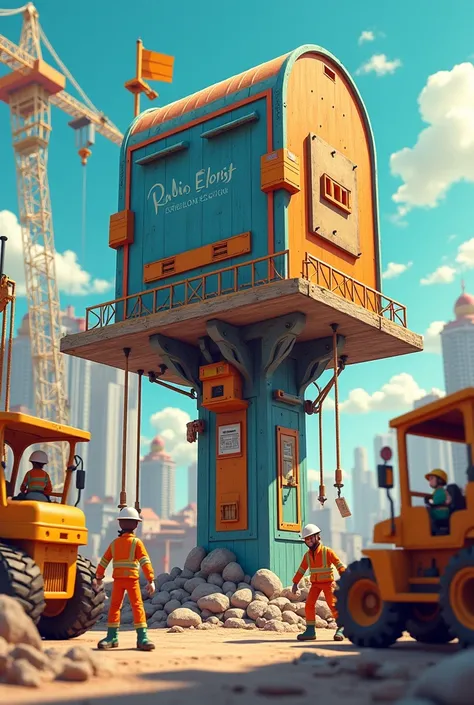 Create me a 1:1 size image with image content: Scene of building the mailbox "Radio Elohist" The mailbox is the subject and larger. There are tiny workers building mailboxes, and there are tiny construction machines. Images have eye-catching colors