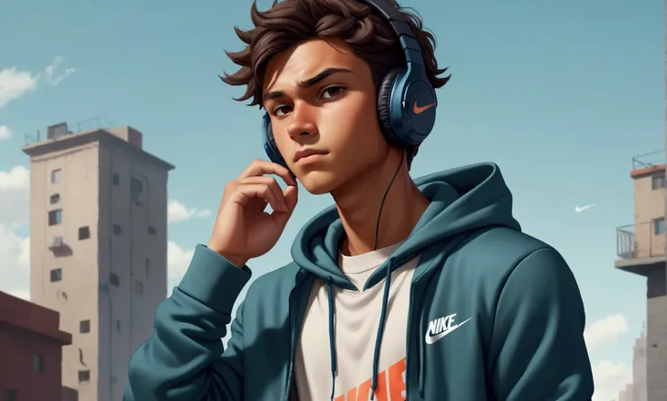 A tanned boy with headphones around his neck, 2D style, wearing a hoodie, pants, and Nike shoes in a photography position.