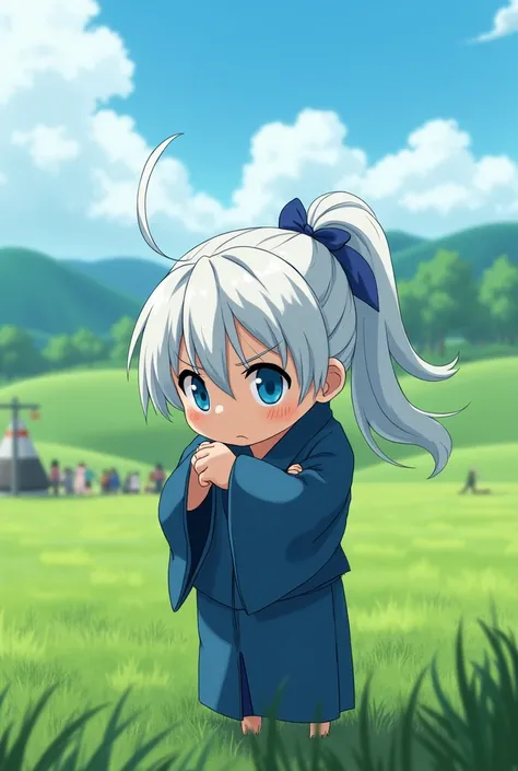 a short guy. About . White hair to the collarbone, gathered in a ponytail with a blue ribbon. Blue eyes. Dressed in a blue kimono. Hugging himself by the shoulders. nervous. There is a meadow in the background, surrounded by hills and crowd. Anime style