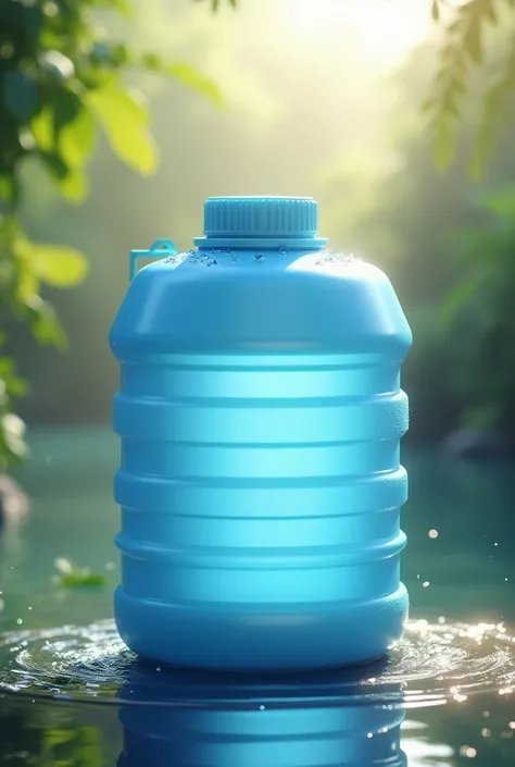 Make a picture of a 19 gallon (Indonesian gallon )filled with water, covered with a light blue lid,with a cool view and there are drops of water around the gallon 