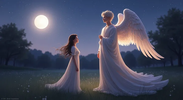 : In a serene, moonlit night, Hina, a , stands in awe as she talks with a majestic male angel. The angel, tall and radiant, has glowing, silver wings that shimmer softly under the moonlight. His presence is calming, exuding warmth and wisdom, dressed in fl...