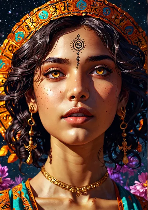 "Representation of scorpuo as a woman: Amazing high quality art (8k) Vivid and bright colors, Short wavy hair, Curious and bright eyes, Indian, scorpio and symbols related to this zodiac sign、Elements that represent scorpio ." woman, chicawoman, woman.1gir...